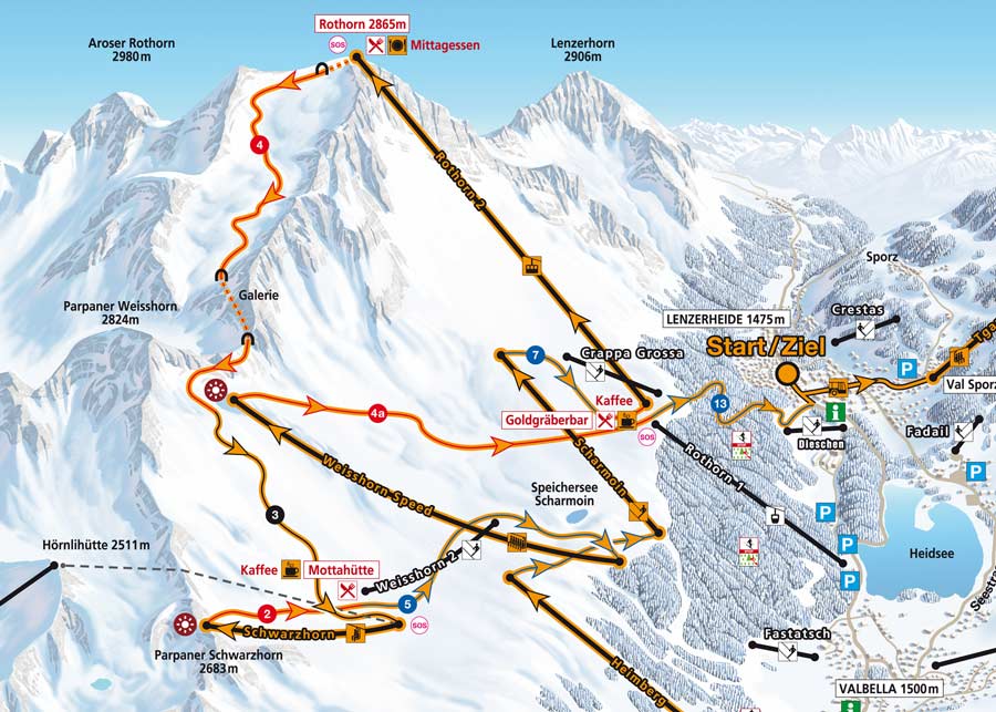 Lenzerheide Runda Lai Winter Panoramakarte Pistenplan - Rothorn