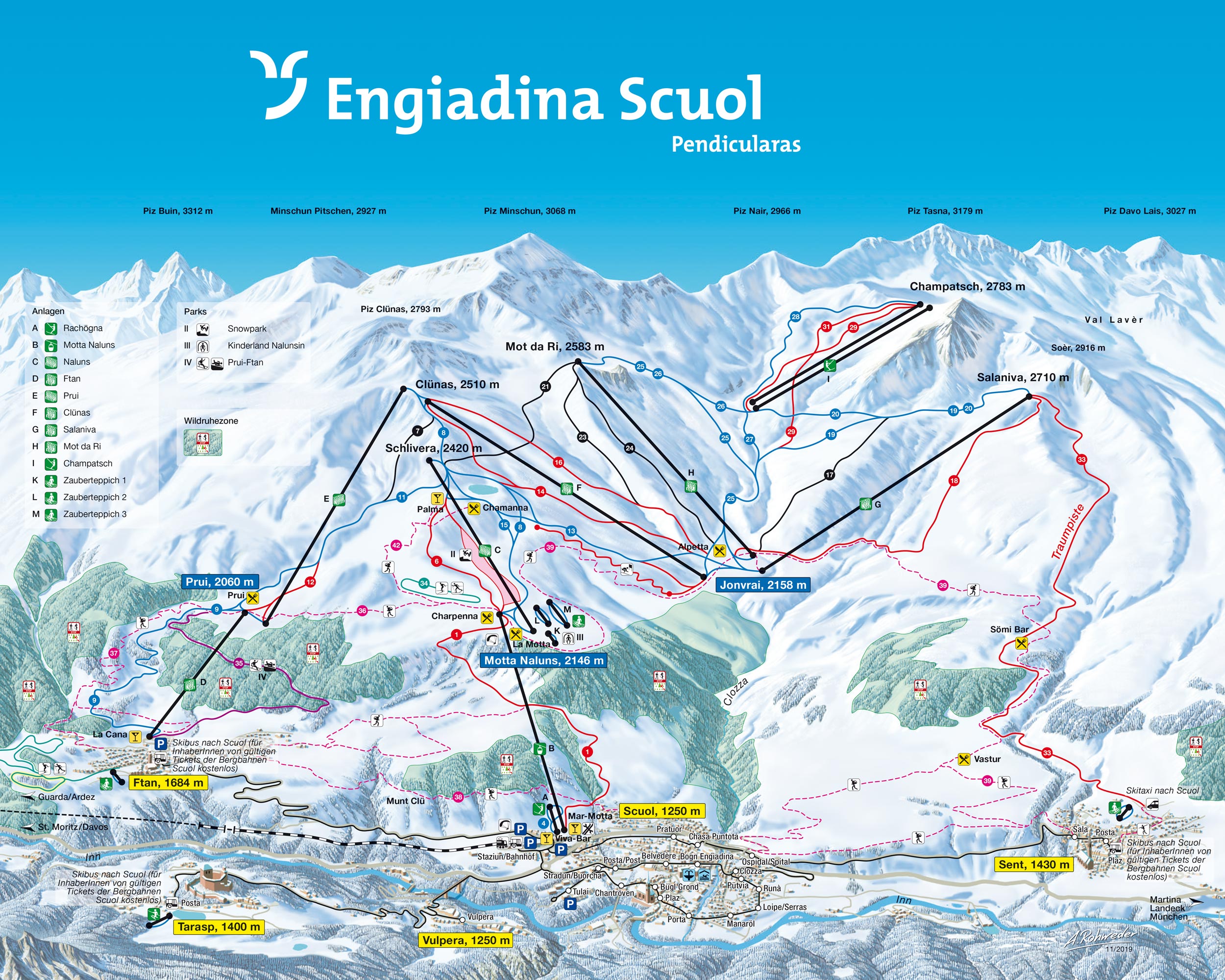 Scuol Pistenplan Ski Map, Engadin